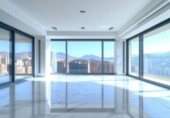Obraz premium A large, empty room with a view of the city
