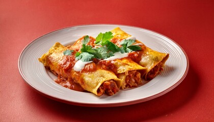 Mexican food enchiladas in plate on red background