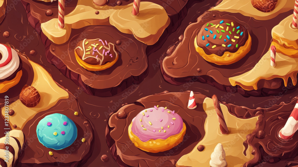 Aufkleber candy space game level map ui illustration vector. chocolate background with food planet for fantasy