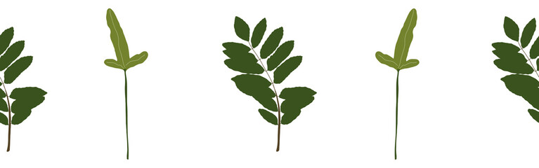 Green leaves border on a white background. Hand-drawn illustration. Perfect for spring and summer.