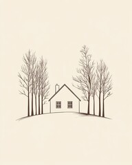 Simple House Drawing Winter Trees Landscape