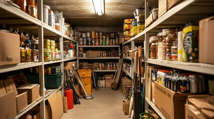Storage room in house basement with food preserves on shelves, garden tools and boxes. Vector cartoon interior of storeroom in home cellar with wooden stairs and crates with vegetables