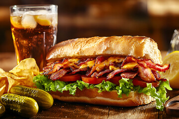 Sandwich made from a fresh baguette, stuffed with baked turkey, bacon, lettuce, tomatoes and melted cheddar cheese, on a wooden table with a glass of iced tea, pickled cucumbers and potato chips.