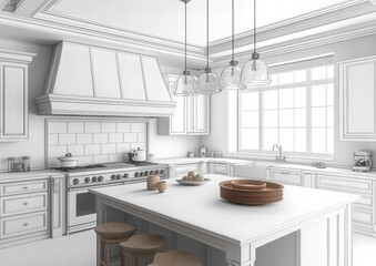 Fototapeta premium A kitchen with a white countertop and a white island