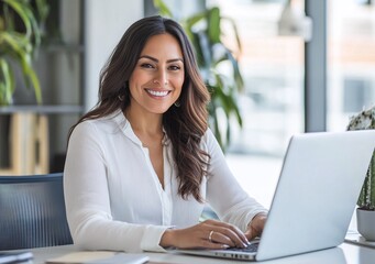 Mujer hispana divirtiéndose trabajando en la oficina.