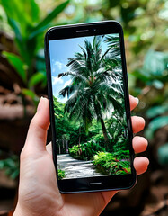 Use of cell phone with screen, video, photo fixation against a tropical backdrop to promote recreation, travel and commercial activities.	