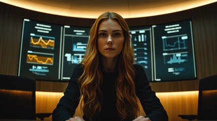 Focused analyst in a high-tech data monitoring room