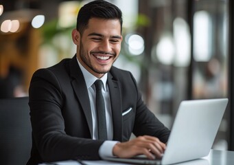 Hombre hispano trabajando en una oficina. Él está sonriendo.