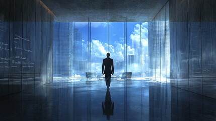 Fototapeta premium Elegant businessman walking towards glass wall overlooking a bright blue sky with clouds, modern office space reflecting contemporary architecture and design elements.