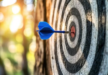 A blue dart is shot through a black and white target