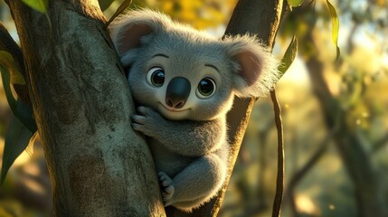 Fototapeta premium Cute koala cub in eucalyptus tree, Australian forest background, children's book illustration (1)