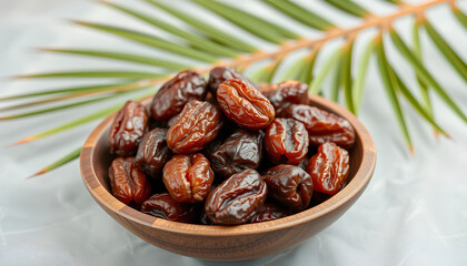 Dried dates on wooden bowl isolated on transparent background Generative Ai. Dried date palm