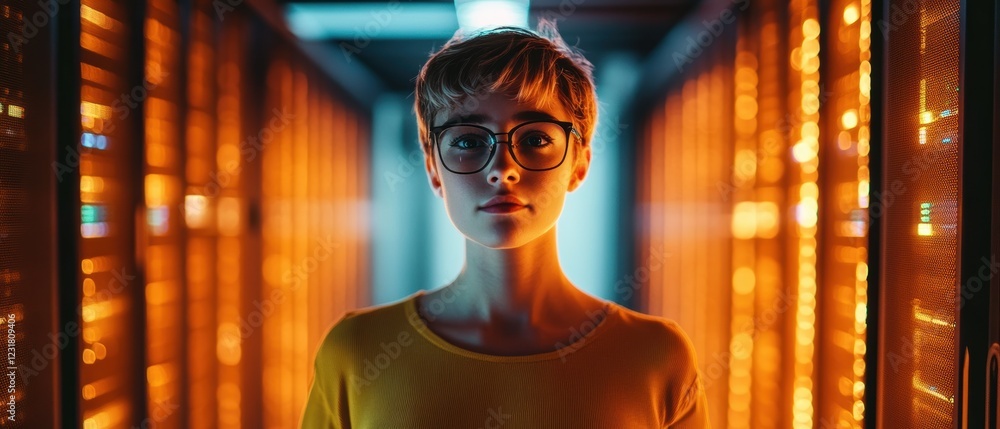 Poster technology, young adult in data center with illuminated servers, exploring data storage, innovation,