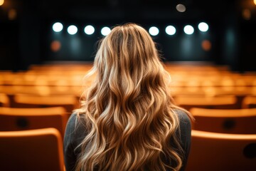 Theater audience perspective showcasing a woman with long hair awaiting a performance, highlighting stage lights and empty seats for a cultural experience.