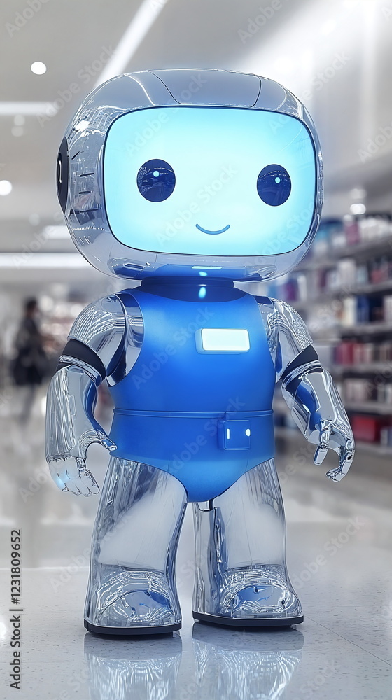 Poster friendly robot with glowing blue screen and silver body standing in a store aisle surrounded by prod