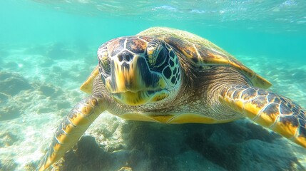 Fototapeta premium Underwater Sea Turtle Closeup, Coral Reef Background, Ocean Wildlife