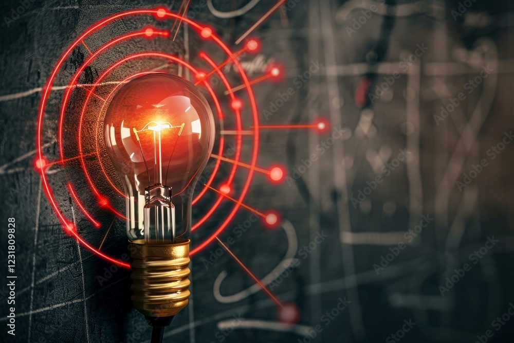 Poster red glowing light bulb representing innovative idea generation and creative problem solving on a bla