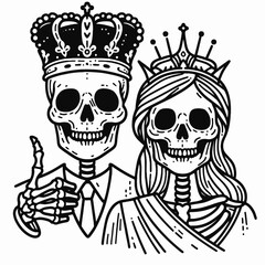 Fototapeta premium A couple of skeletons dressed as royalty, featuring a king and queen, showcasing a whimsical and playful take on Halloween or Dia de los Muertos themes.