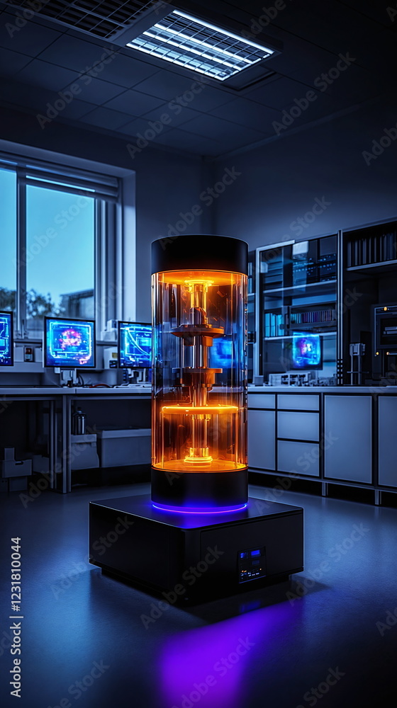 Poster illuminated futuristic device with glowing orange elements in a modern laboratory setting showcasing