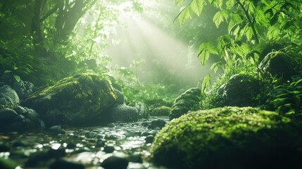 Fototapeta premium Sunbeams illuminate mossy stream, lush forest; nature background