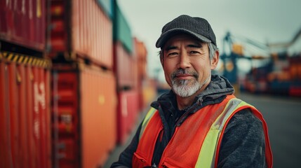 Obraz premium Confident dock worker in safety gear at shipping port