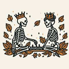 Two skeletons play chess under crowns, surrounded by autumn leaves, blending themes of life, strategy, and the season.