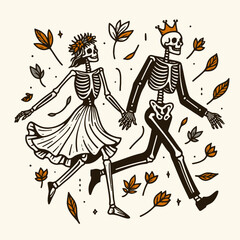 Fototapeta premium A whimsical illustration of a skeleton couple dancing among autumn leaves, capturing a playful and romantic theme.