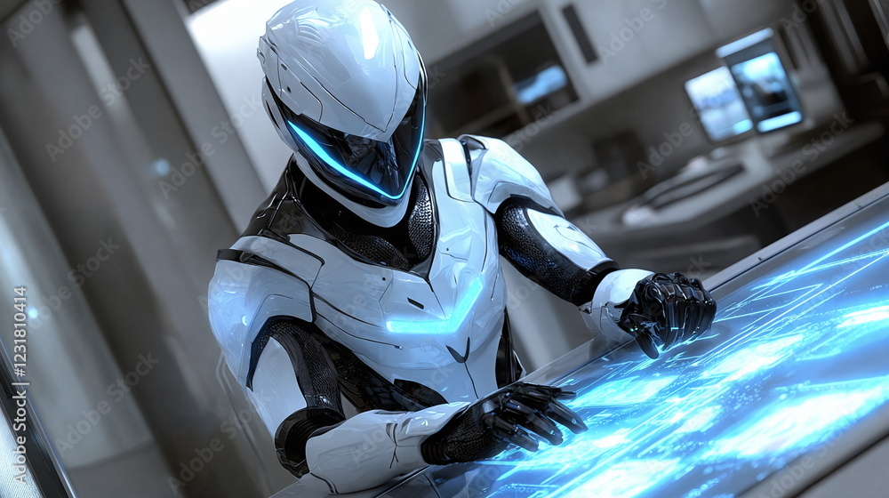 Poster futuristic robot interacting with holographic display in modern high-tech environment, showcasing ad