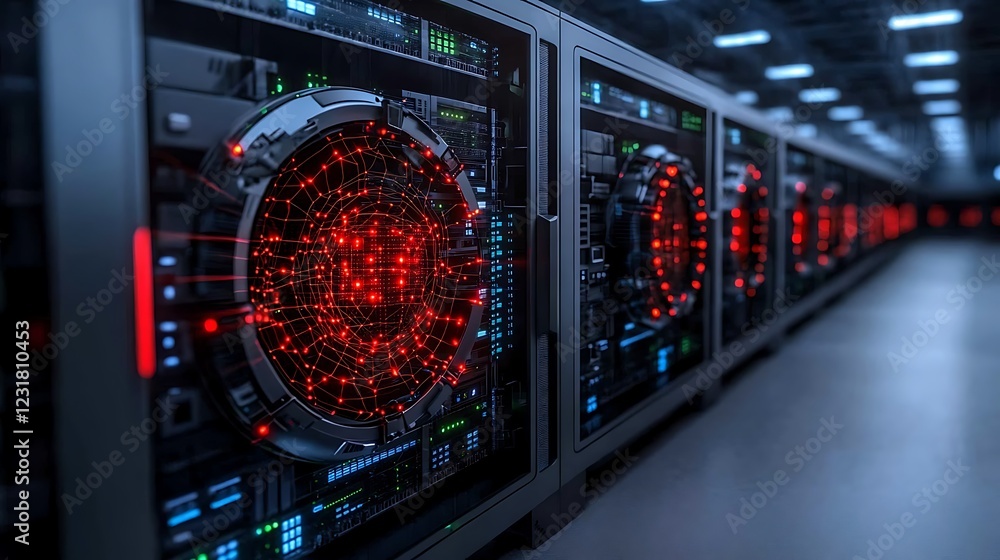 Poster futuristic server room with illuminated network nodes