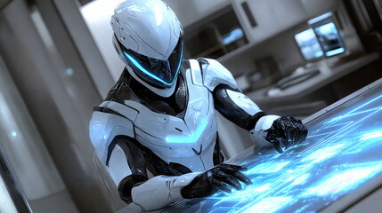 Fototapeta premium Futuristic robot interacting with holographic display in modern high-tech environment, showcasing advanced technology and sleek design with glowing accents.