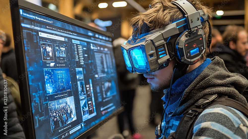Poster virtual reality enthusiast wearing advanced vr headset interacting with immersive digital display in