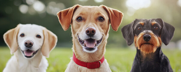 Three happy dogs are smiling and posing together outdoors on a sunny day, showcasing their playful nature and friendly demeanor.