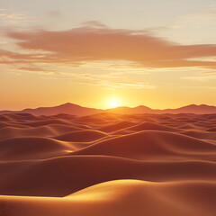 Fototapeta premium Desert Sunset Panorama: The sun dips below the horizon, casting a warm golden light across the undulating dunes, creating a stunning spectacle.