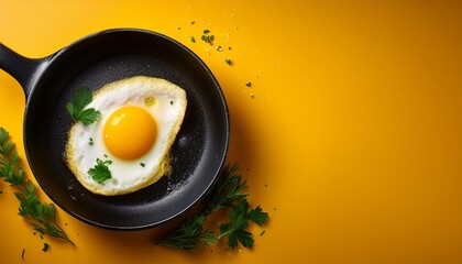 Delicious fried egg omelette in pan, healthy morning breakfast