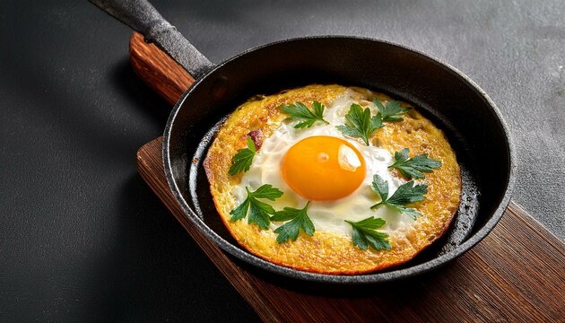 Delicious fried egg omelette in pan, healthy morning breakfast