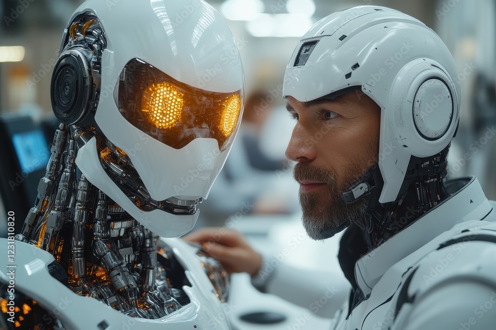 Poster a close-up photo of a futuristic robot and a human, highlighting the blend of advanced technology an