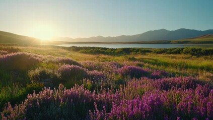 Obraz premium A field of purple flowers with a bright sun in the background