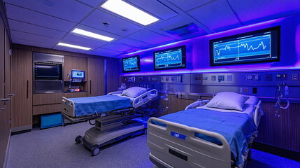 Modern hospital room with two hospital beds, blue bedding, illuminated by purple lighting, and medical monitors displaying vital signs on the walls.