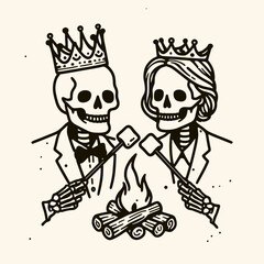 Fototapeta premium Two crowned skeletons roasting marshmallows over a campfire, combining playful imagery with a touch of the macabre in a whimsical design.