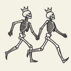 Fototapeta premium Two playful skeletons in crowns hold hands, running together in a whimsical and light-hearted design.