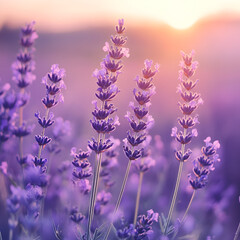 Obraz premium Lavender Field at Sunset: Delicate lavender flowers sway gently in the breeze as the sun sets, casting a warm, ethereal glow over the field. This image captures the beauty of nature.