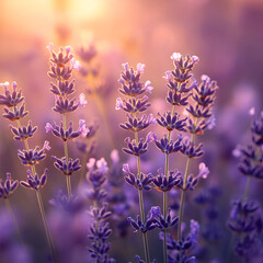 Obraz premium Lavender Field in Golden Hour: A close-up shot of blooming lavender flowers bathed in the warm, ethereal glow of the sun, creating a serene and aromatic ambiance.