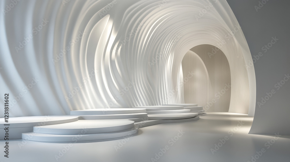 Aufkleber minimalist white circular podiums beneath illuminated arches. elegant display setting with soft ligh