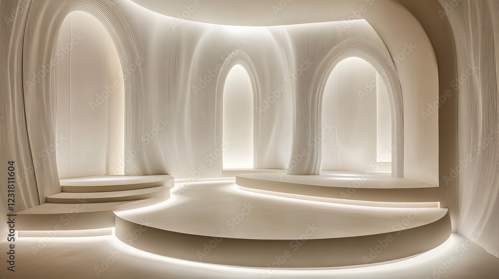 Aufkleber minimalist white circular podiums beneath illuminated arches. elegant display setting with soft ligh