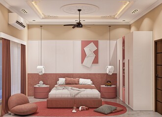 Cozy Bedroom with Soft Pink Accents and Modern Design Elements