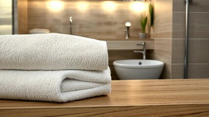 Two fluffy white towels rest on a wooden surface in a stylish bathroom, illuminated by soft lights and surrounded by modern decor