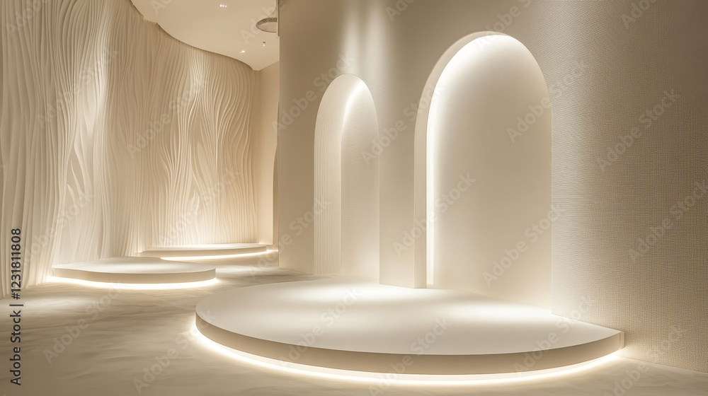 Aufkleber minimalist white circular podiums beneath illuminated arches. elegant display setting with soft ligh