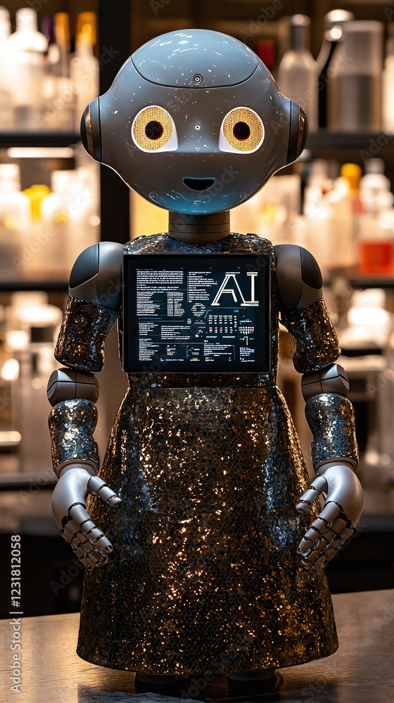 Poster smart robot wearing a shiny dress with a digital display of ai information, standing in a modern bar