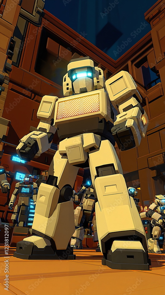 Poster giant robot standing in a futuristic environment surrounded by smaller robots in a vibrant, animated