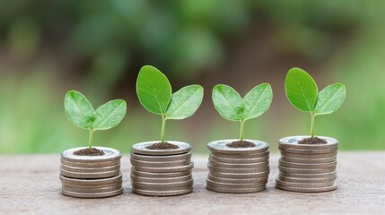 Green Saplings Growing From Stacks of Coins